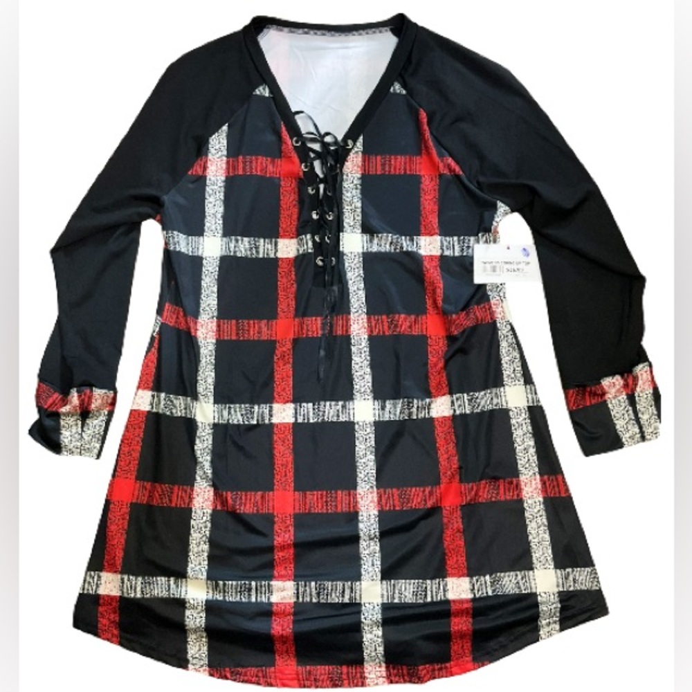 Womens Red & Black Silk Plaid string up blouse